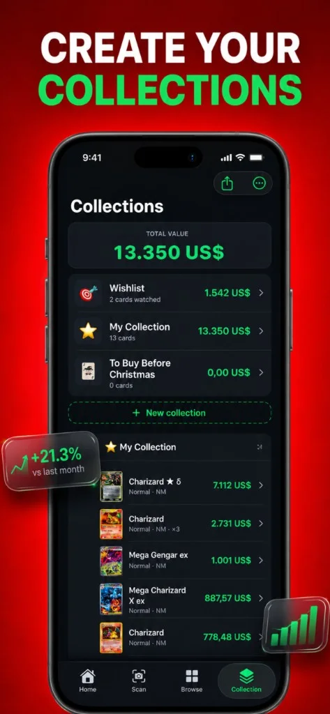 TCGApp collection folder showing Pokémon master set progress and live card values on iPhone