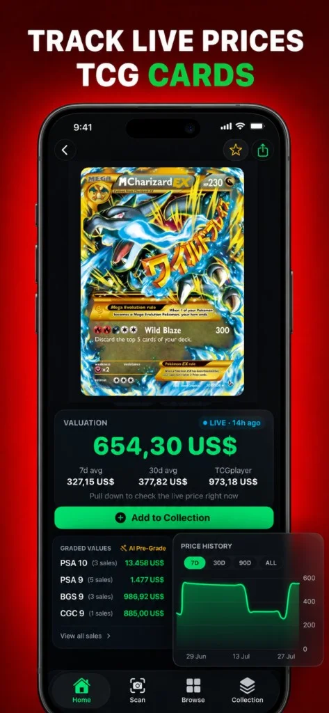 Card value scanner in TCGApp showing a live USD market price and PSA graded values for a scanned card