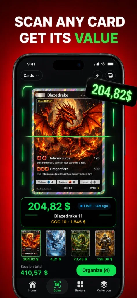 TCGApp scanning a trading card and showing live market value on iPhone
